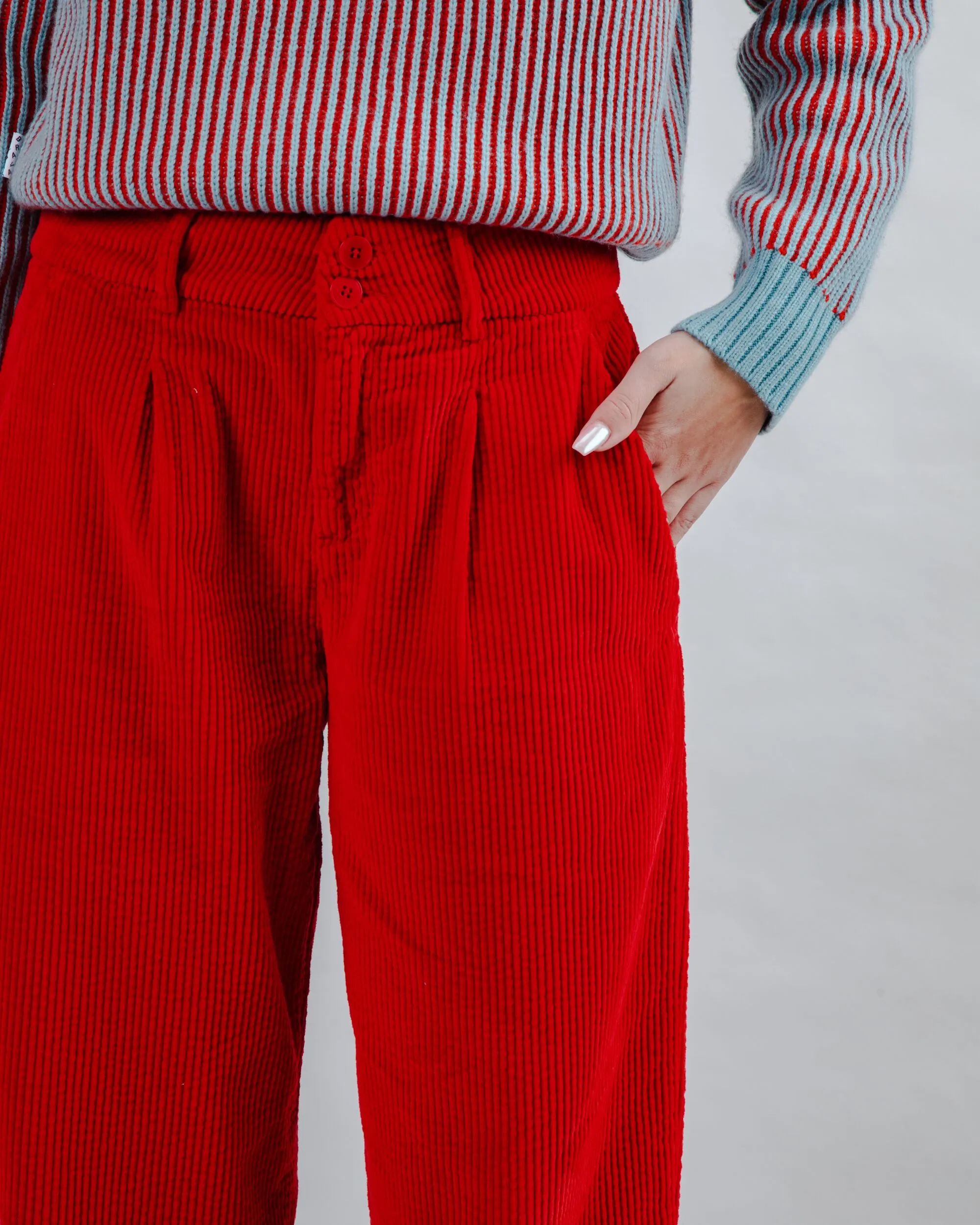 Abrasion Resistant Fabric Corduroy Pleated Pants Red