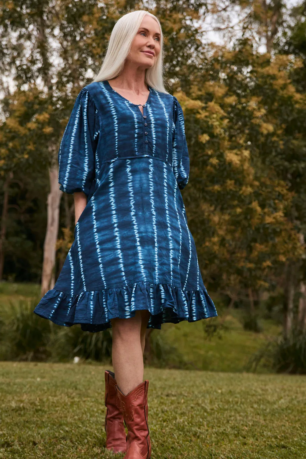 Ribbed-Texture Bonnie Short Umbrella Dress in Shibori Echo