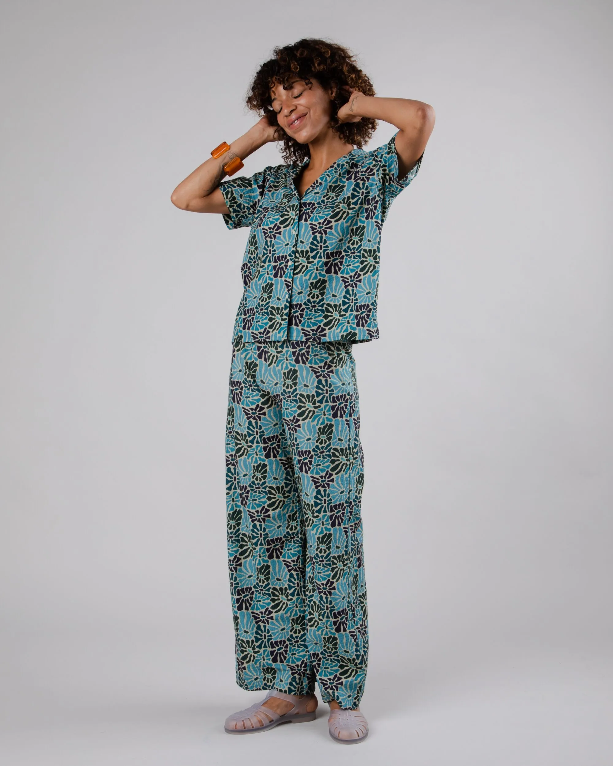 Anti Pilling Finish Non Binding Cuffs Spring Wide Leg Pants Blue