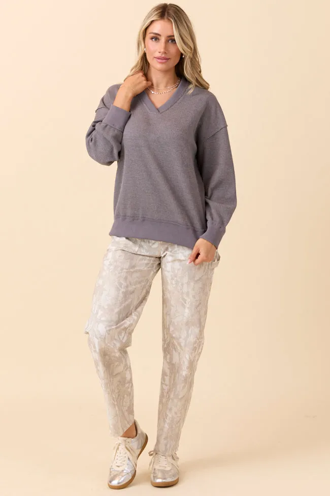 Cruz Oversized V-Neck Waffle Knit Charcoal Pullover Casual Sweater