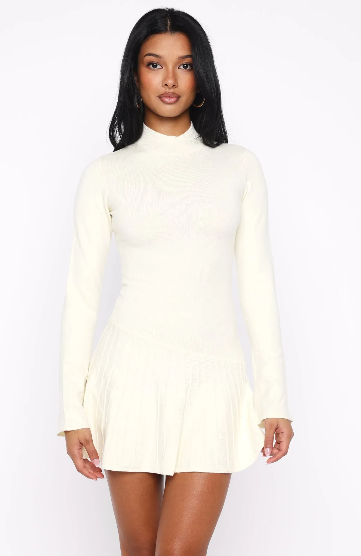 Statement Neck Forever Her Long Sleeve Mini Dress White