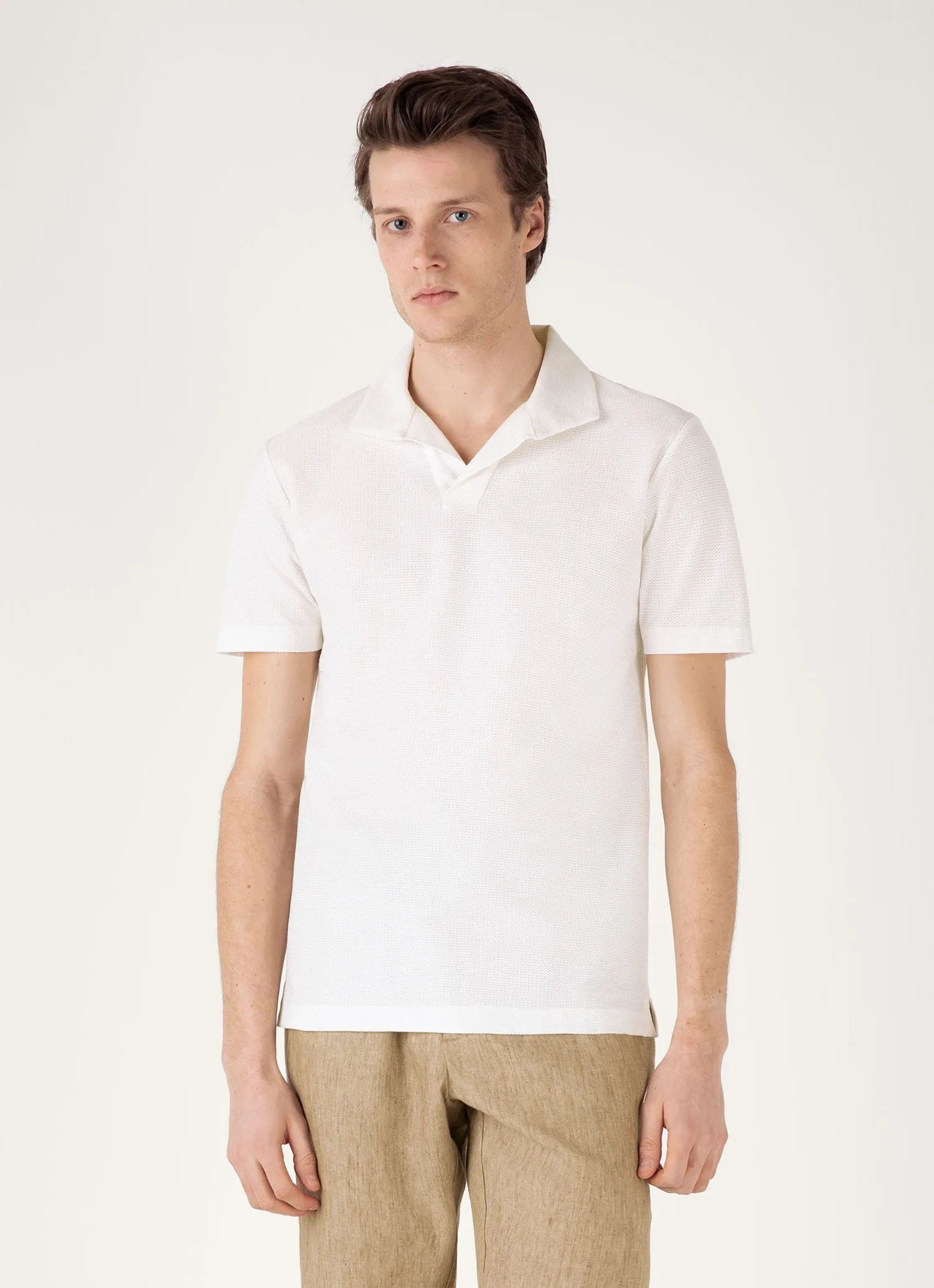 Men's Textured Jersey Polo Shirt in Ecru Layered Sleeve Construction