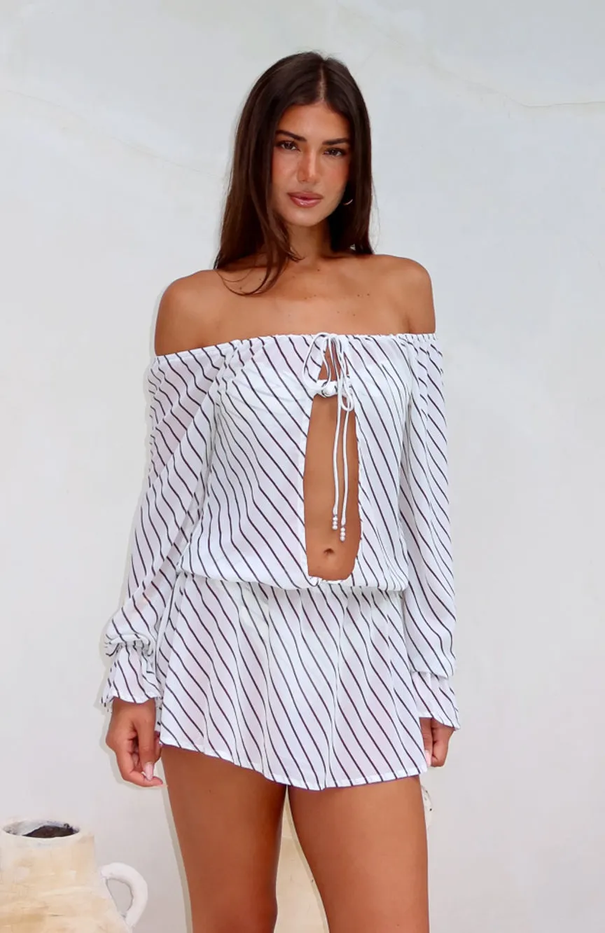 Vibrant Waist Back To Shore Long Sleeve Mini Dress Cream/Choc Stripe