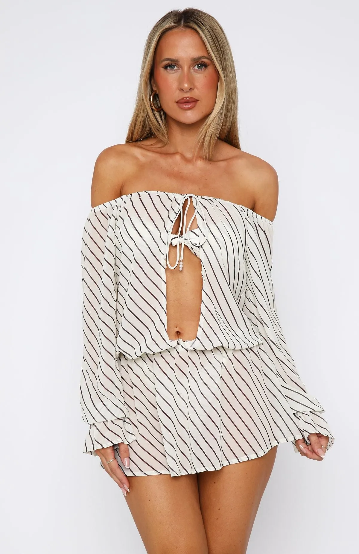 Back To Shore Long Sleeve Mini Dress Cream/Choc Stripe Comfortable Silhouette Day Romance