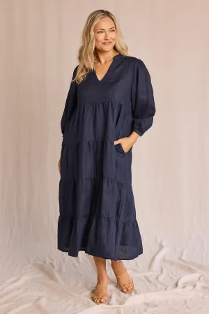 Sabre Linen V-Neck Dress in Navy Modern Cut Effortless Comfort