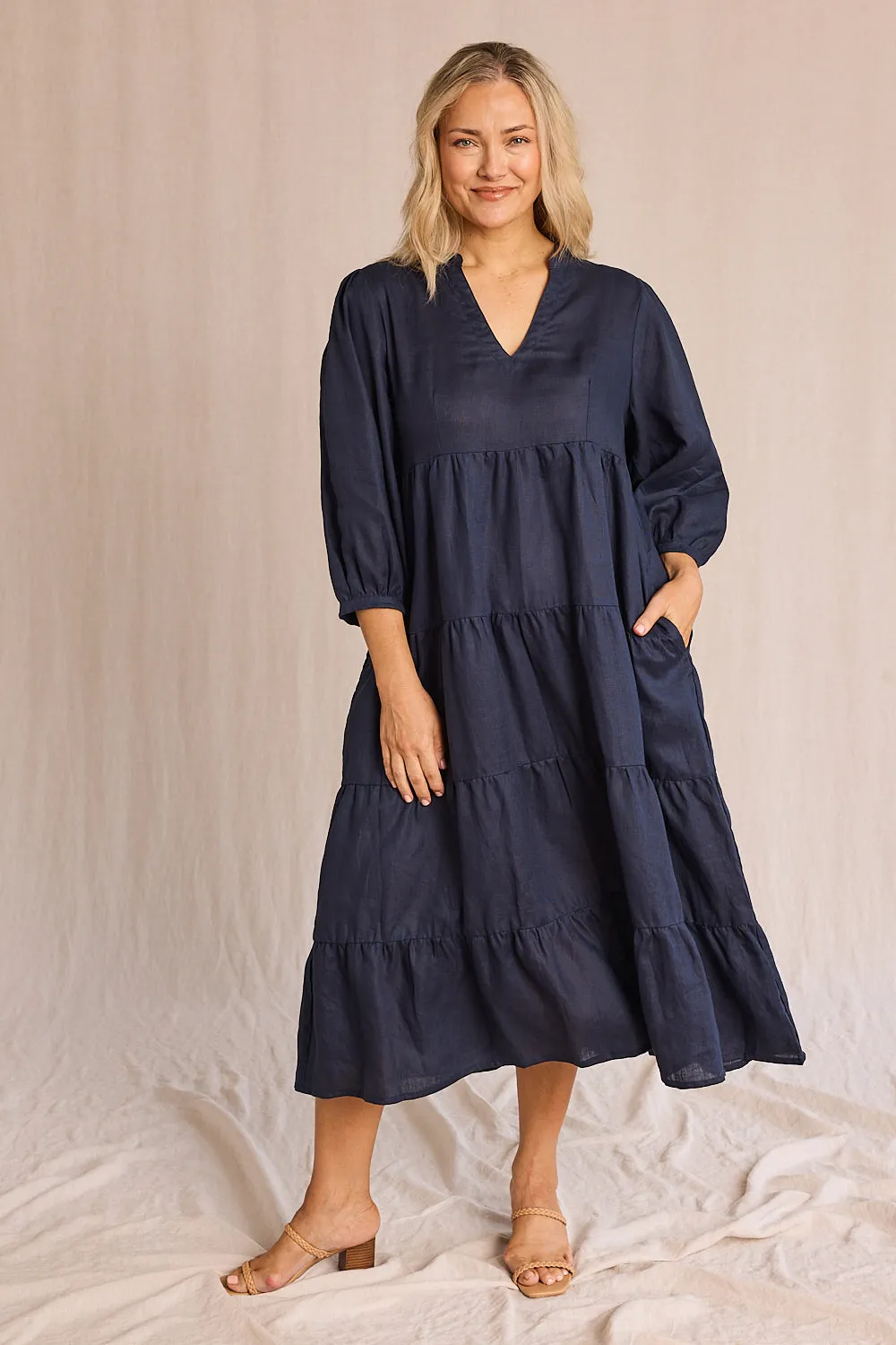 Lace-Sleeve Mid Fit Sabre Linen V-Neck Dress in Navy