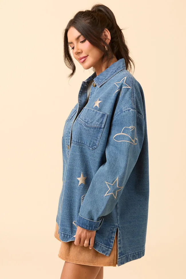 WrinkleResistantCloth Winner Vibe Scout Western Print Oversized Denim Shirt