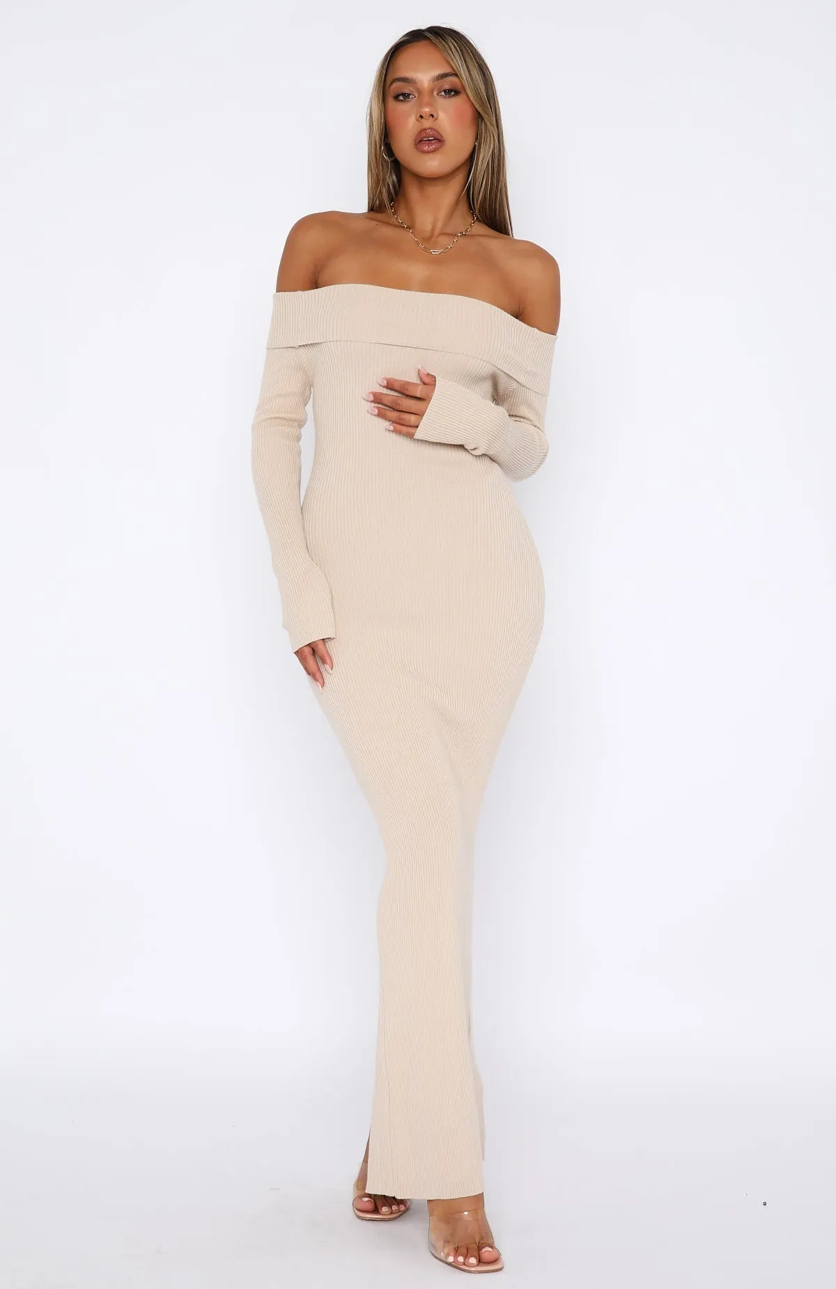 Fit Choice Tailored Waistband Don't Call Me Anymore Long Sleeve Maxi Dress Oat