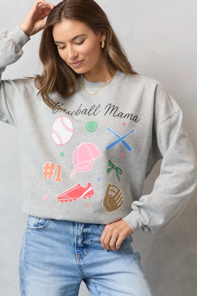 Baseball Mama Icons Light Grey Graphic Sweatshirt Practical Style Wool Fit