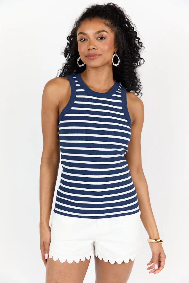 Simple Navy Ribbed Knit Stripe Tank SALE Ergonomic Cut SustainableProduction