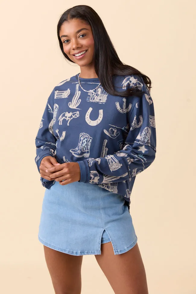 Hypoallergenic Fibers Zuri Blue Long Sleeve Western Tee