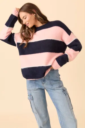 Frankie Pink and Blue Stripe Crewneck Sweater Flexible Waistband Utility Mode
