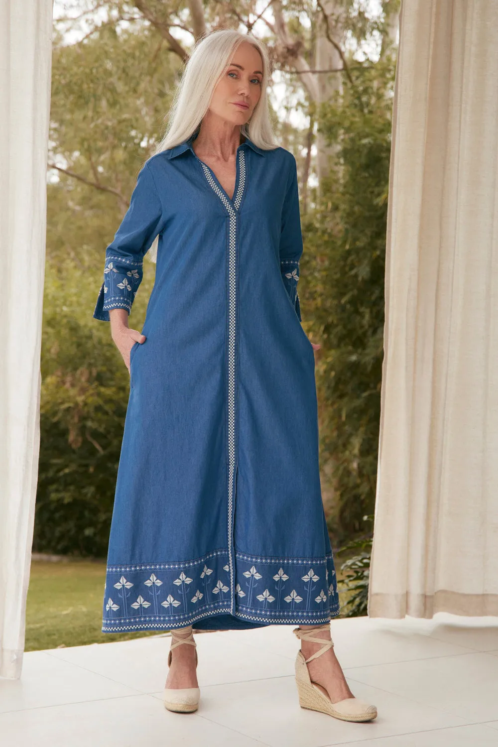 Anna Chambray Dress in Quebec Cool Season Travel Edge