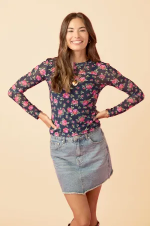 Ansley Long Sleeve Blue Floral Mesh Crewneck Top SALE OdorControlClothing