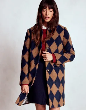 City Layer Style Water Resistant Fabric Edinburgh Swing Coat-Camel and Navy Argyle