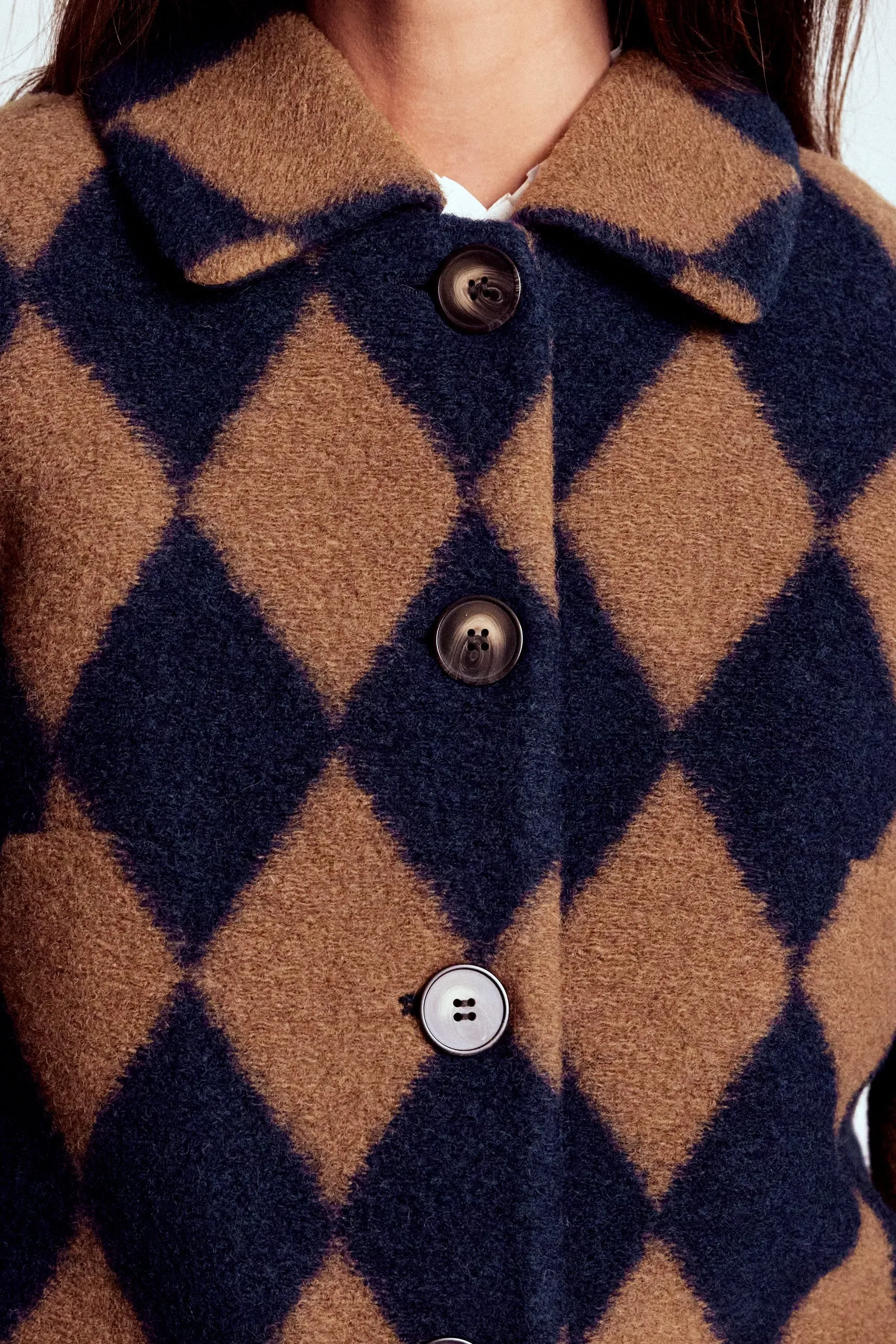 Reinforced Zippers Classic Ribbed Cuffs Edinburgh Swing Coat-Camel and Navy Argyle