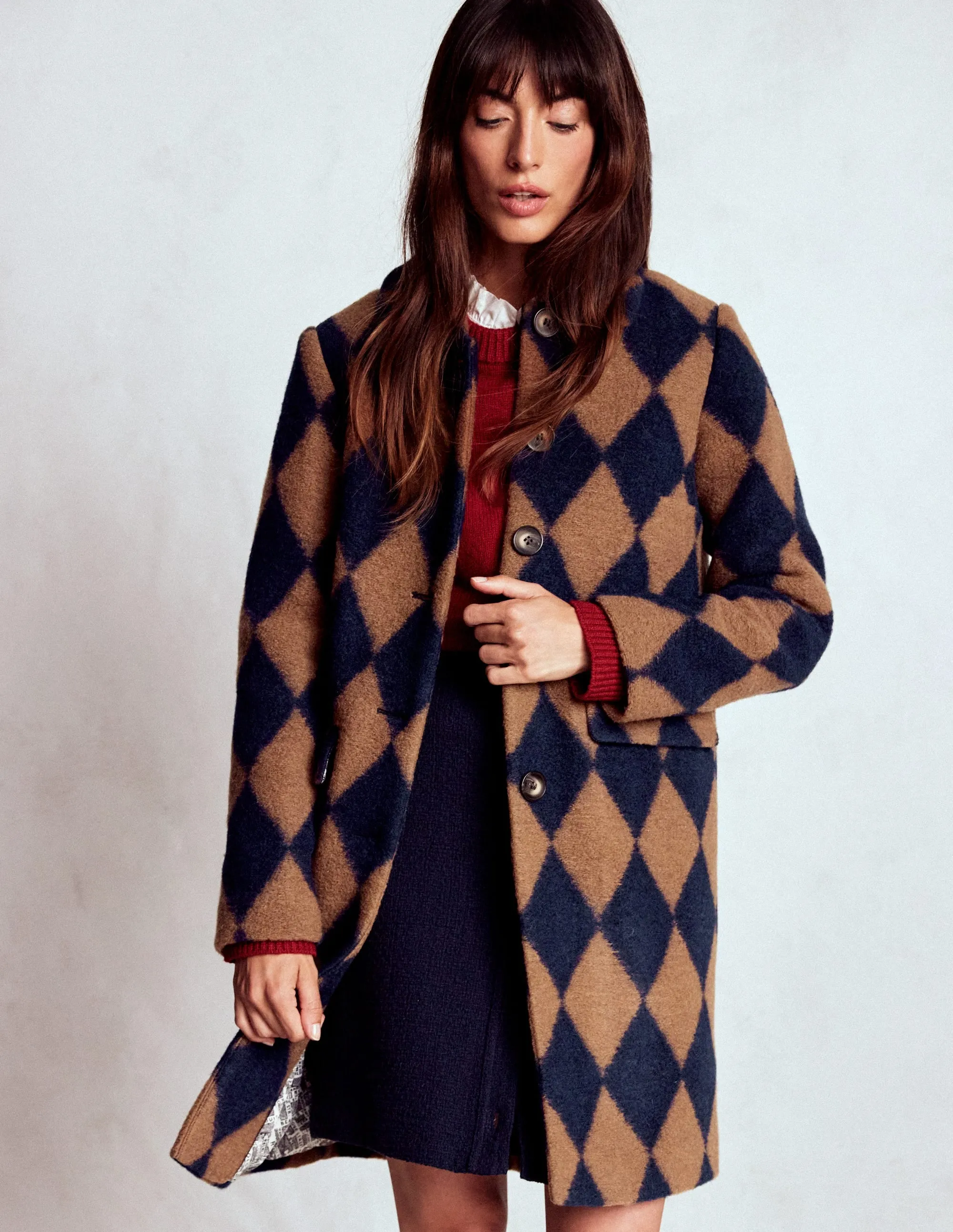 City Layer Style Water Resistant Fabric Edinburgh Swing Coat-Camel and Navy Argyle