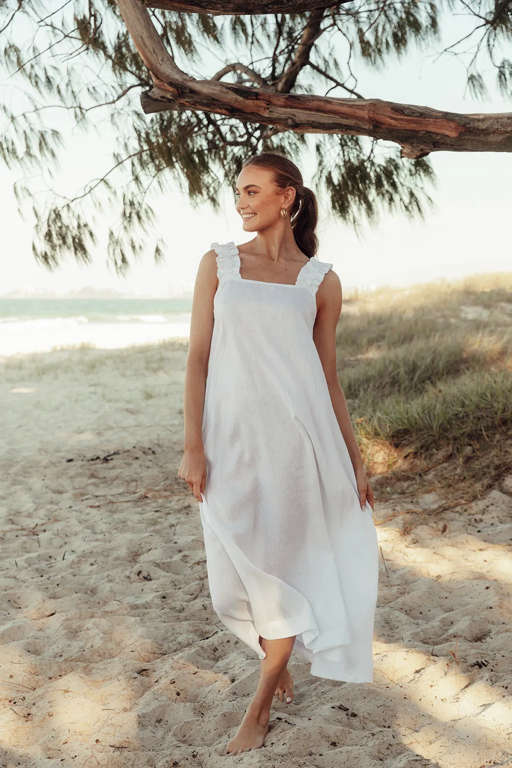 Claire Maxi Linen Dress in White Classic-style