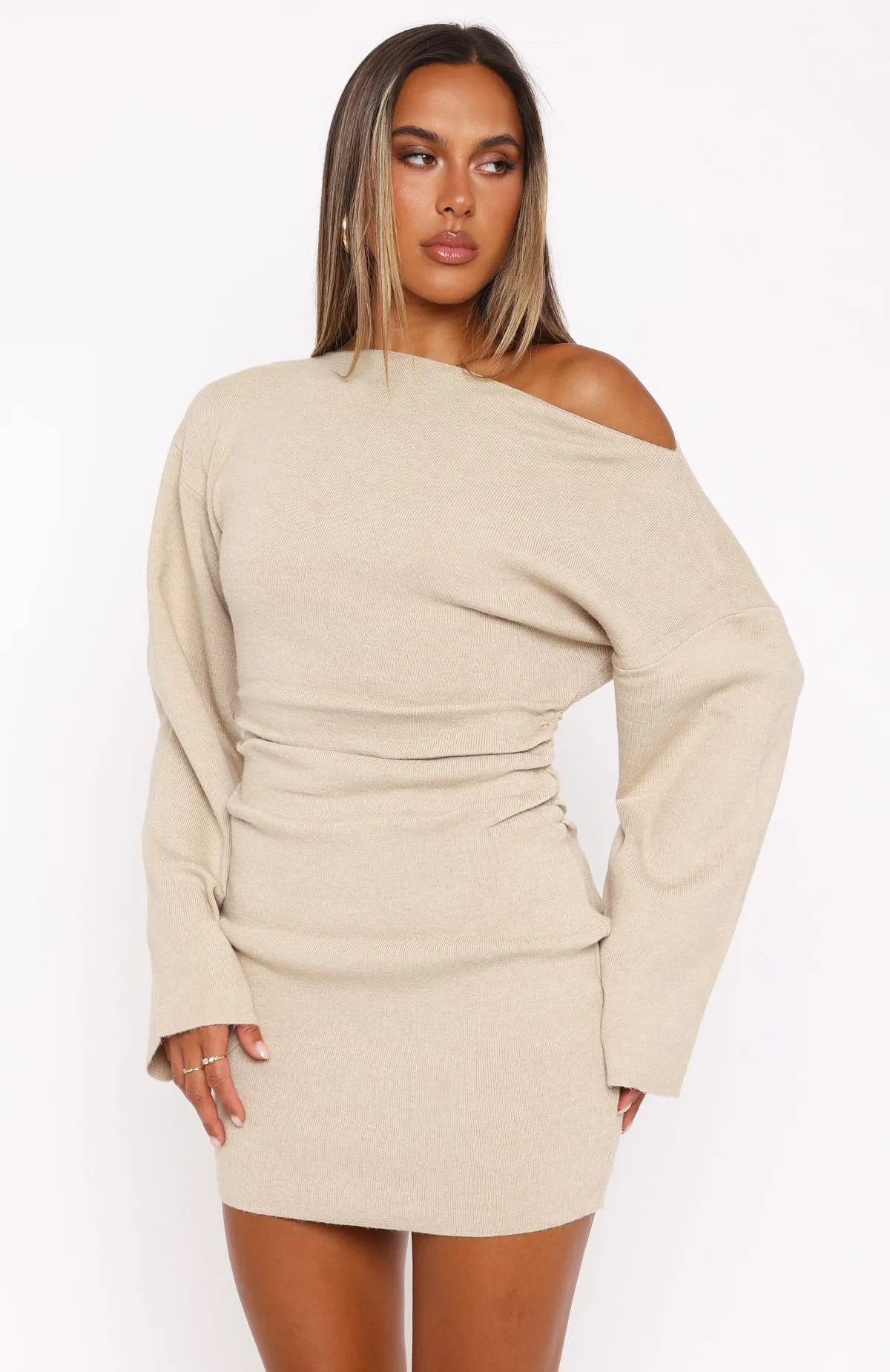 Strange World Long Sleeve Mini Dress Stone Contemporary Look Silky Finish