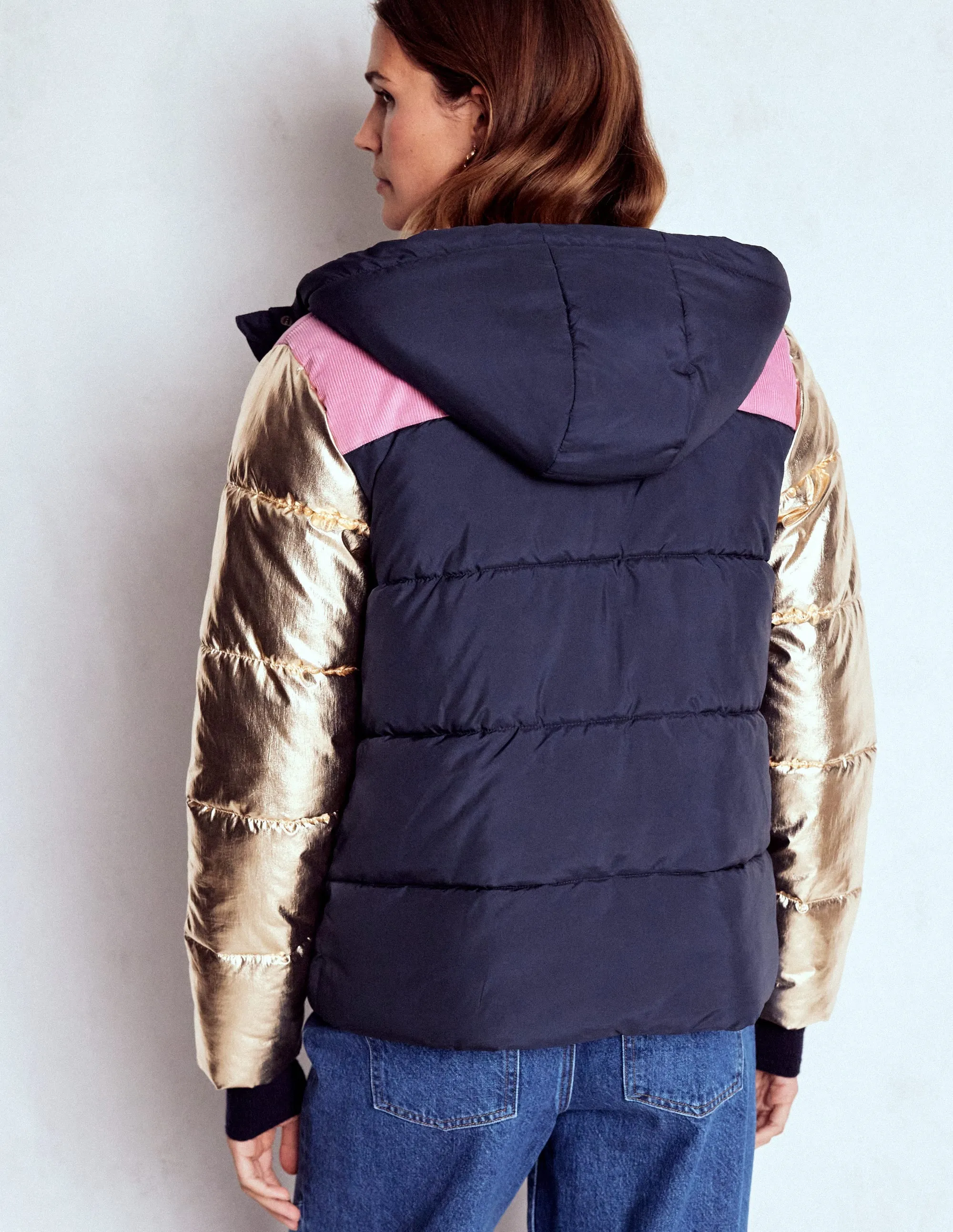 Padded Puffer Coat-Navy, Colourblock Sporty Fit Flexible Fit Engineering
