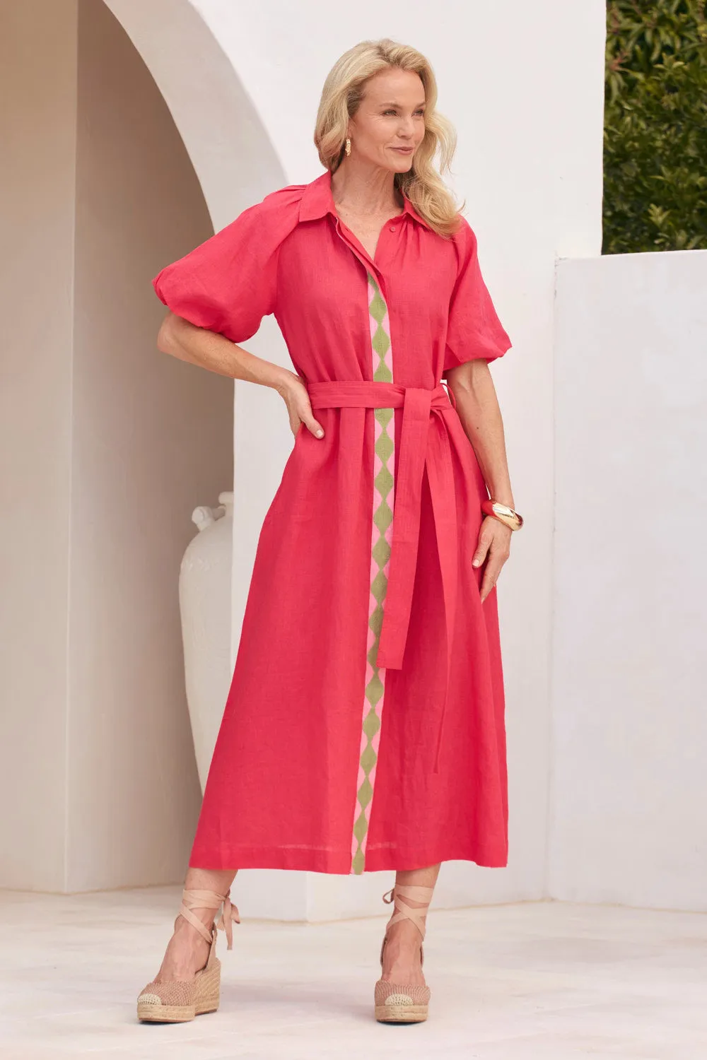 Slim-fit Soft Mesh Matilda Linen Collared Dress in Watermelon