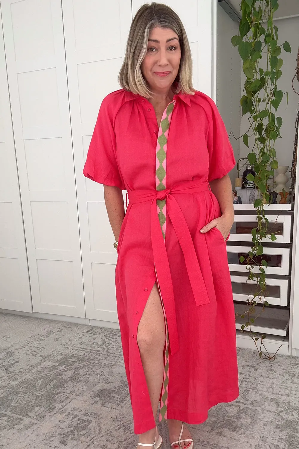 Matilda Linen Collared Dress in Watermelon Office Shape Airy Silk