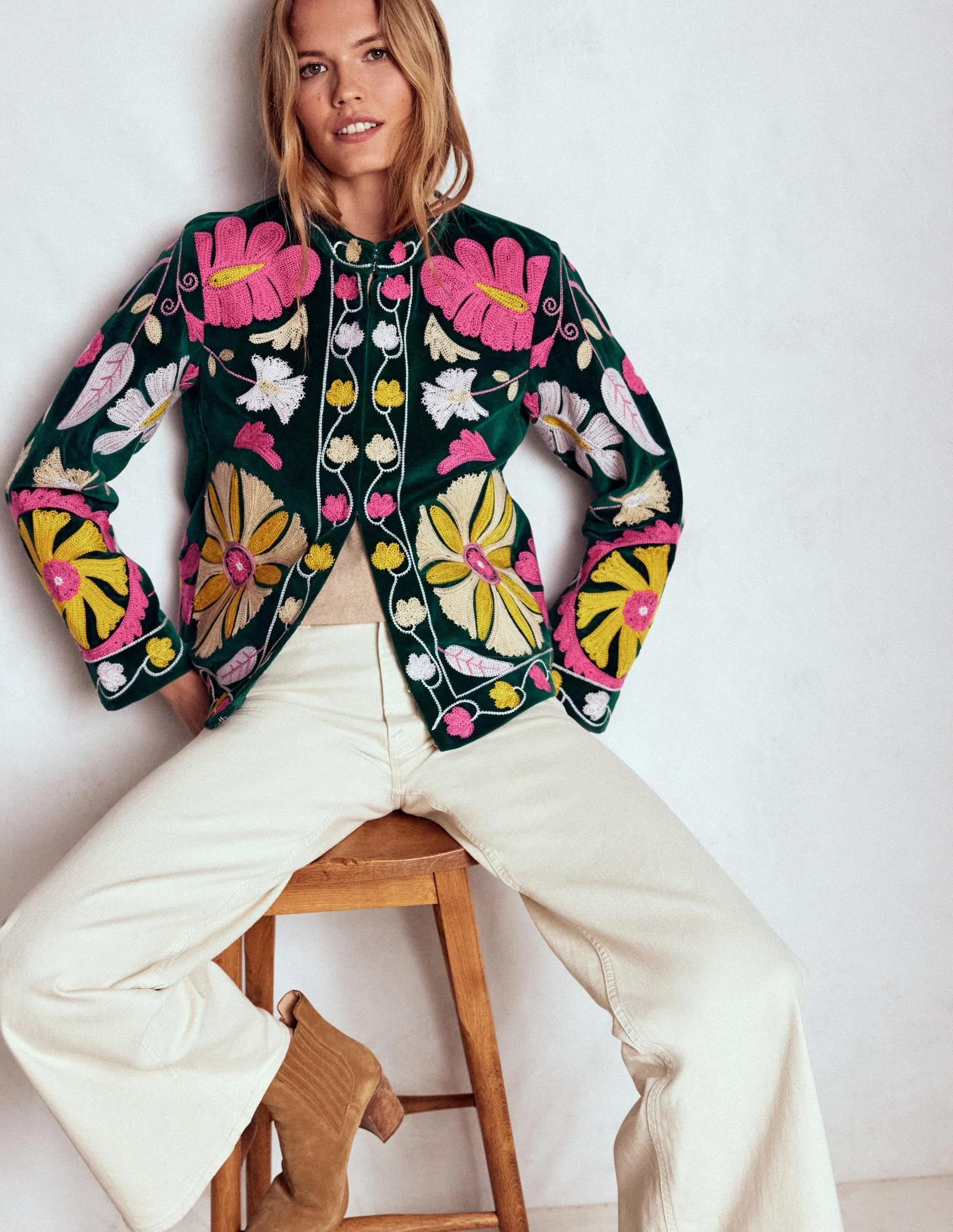 Embroidered Souvenir Jacket-Emerald Night Embroidery Multi Pocket Design Abrasion Resistant Panels