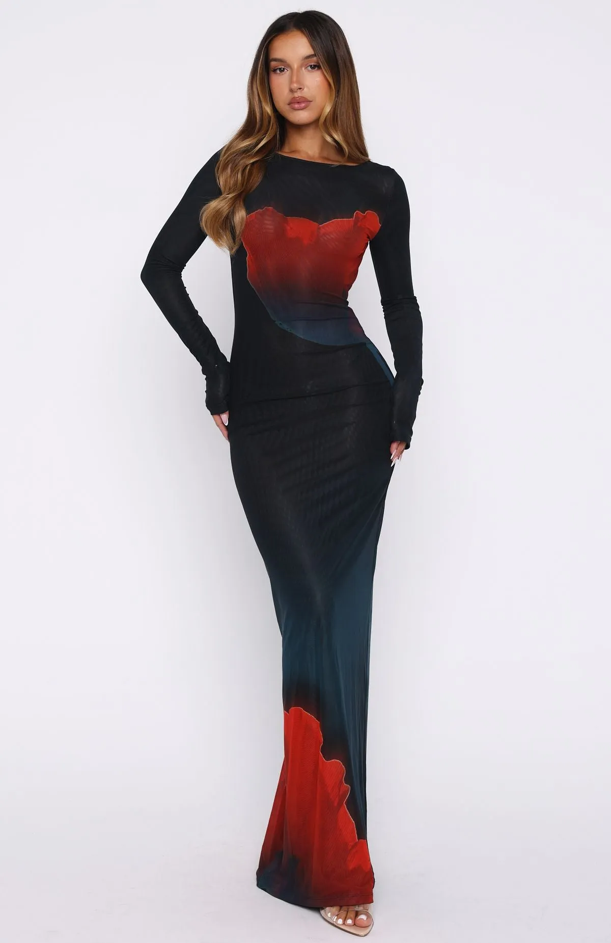No Halo Long Sleeve Maxi Dress Midnight Scarlet Built-In-Slip Flowy summer gown