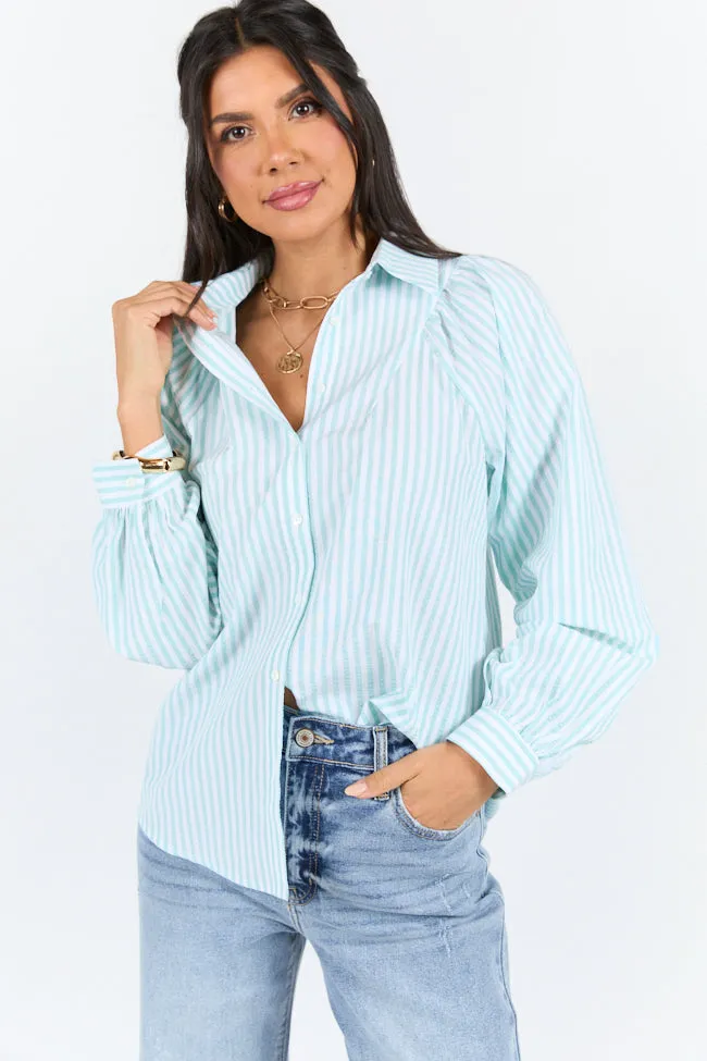 Here Lately Green Striped Button Down Top SALE ShockAbsorbent Padding