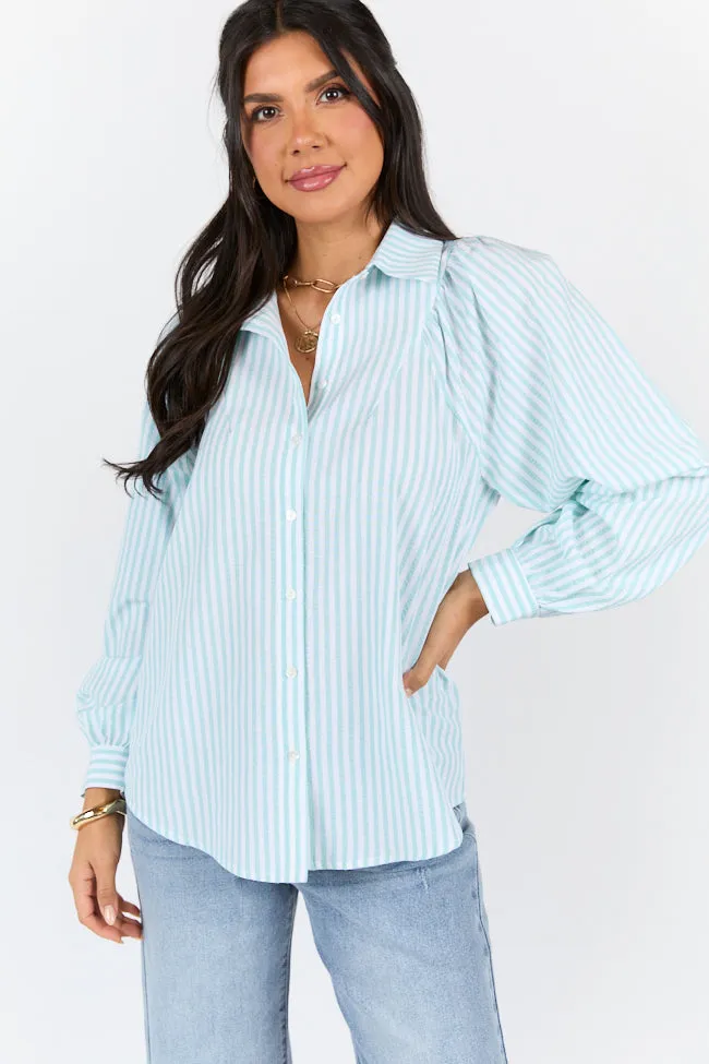 Earth Glow Here Lately Green Striped Button Down Top SALE