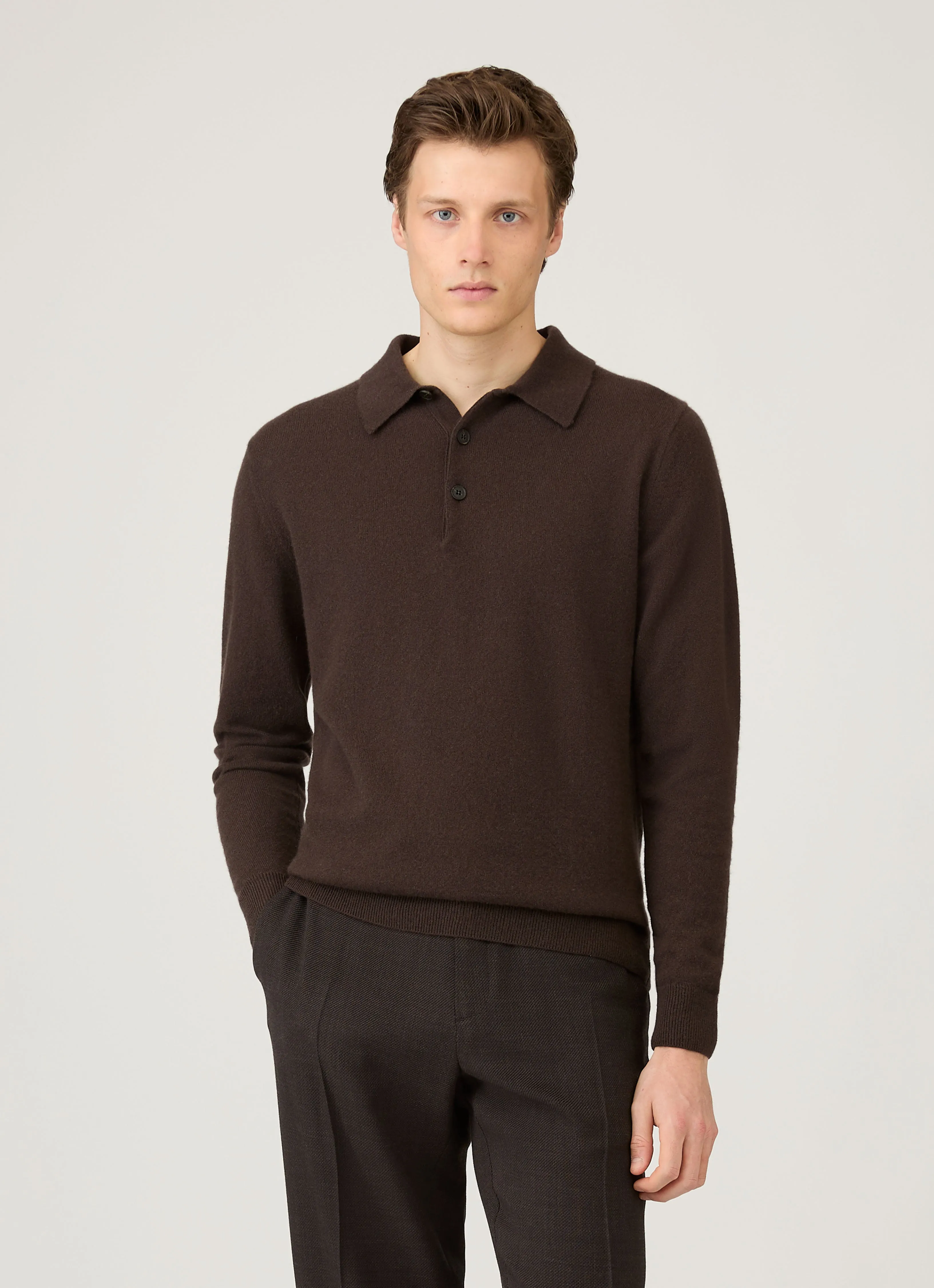 easy to pair Breathable mesh lining Men's Cashmere Polo Shirt in Truffle