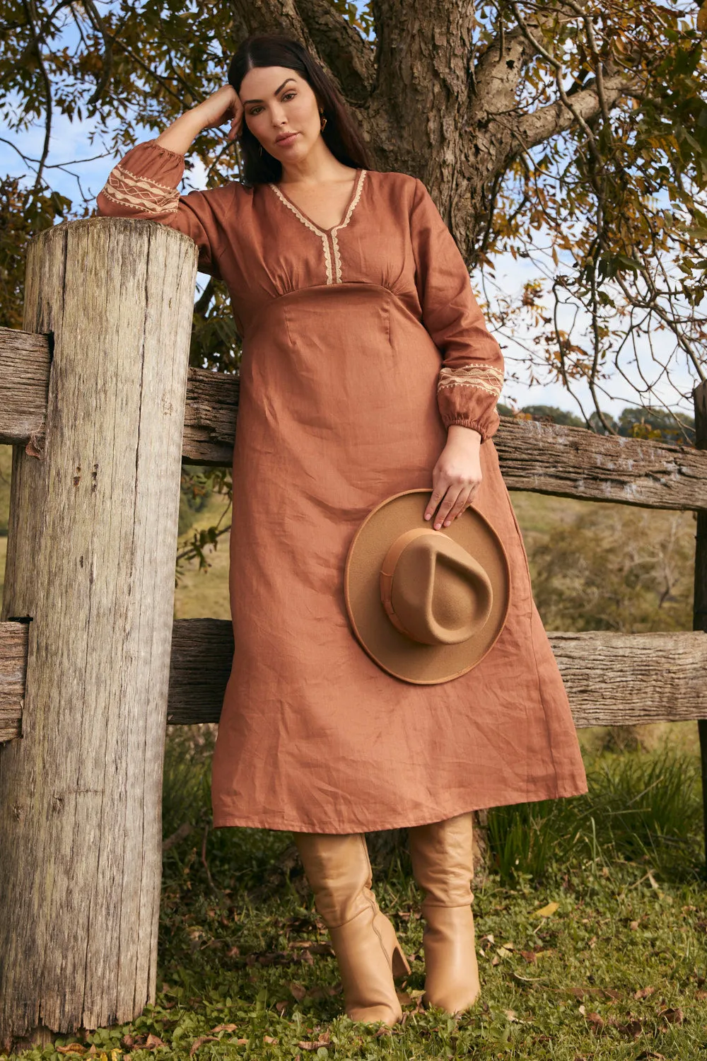 MoistureWickingTechnology Farrah Linen Long Sleeve Dress in Rum Caramel