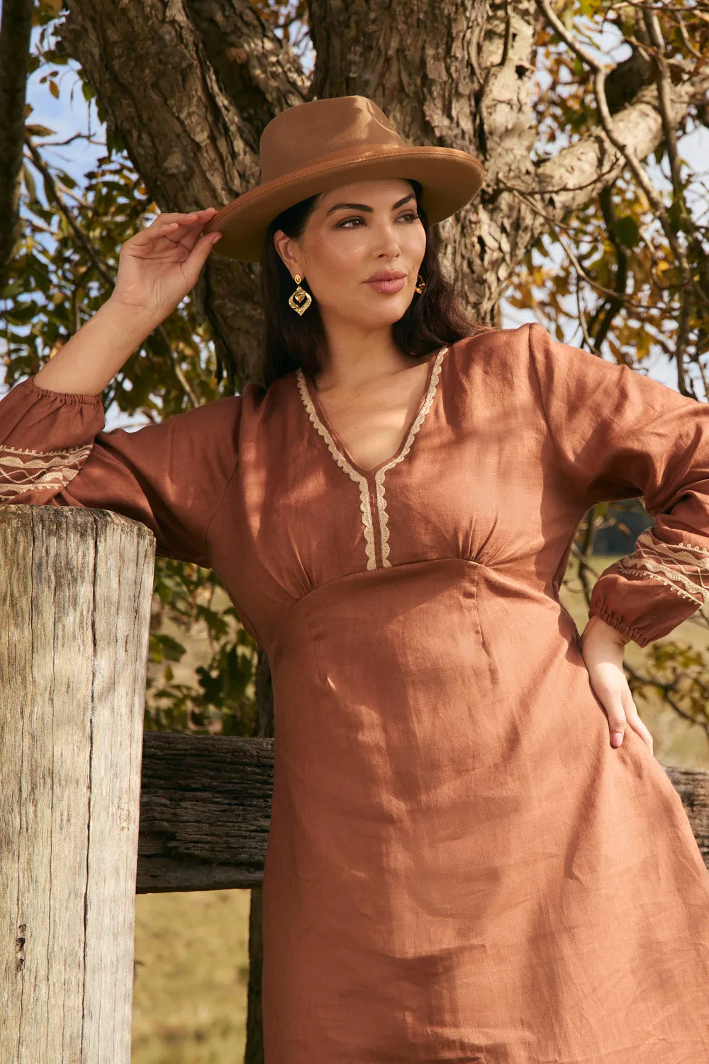 Chilly Weather Comfort Confident Mood Farrah Linen Long Sleeve Dress in Rum Caramel