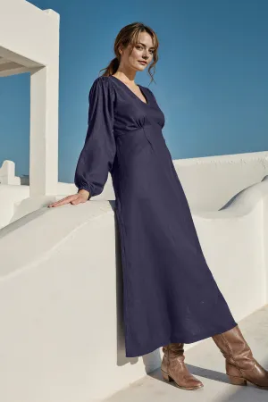 Lightweight Wear Farrah Long Sleeve Linen Dress in Navy