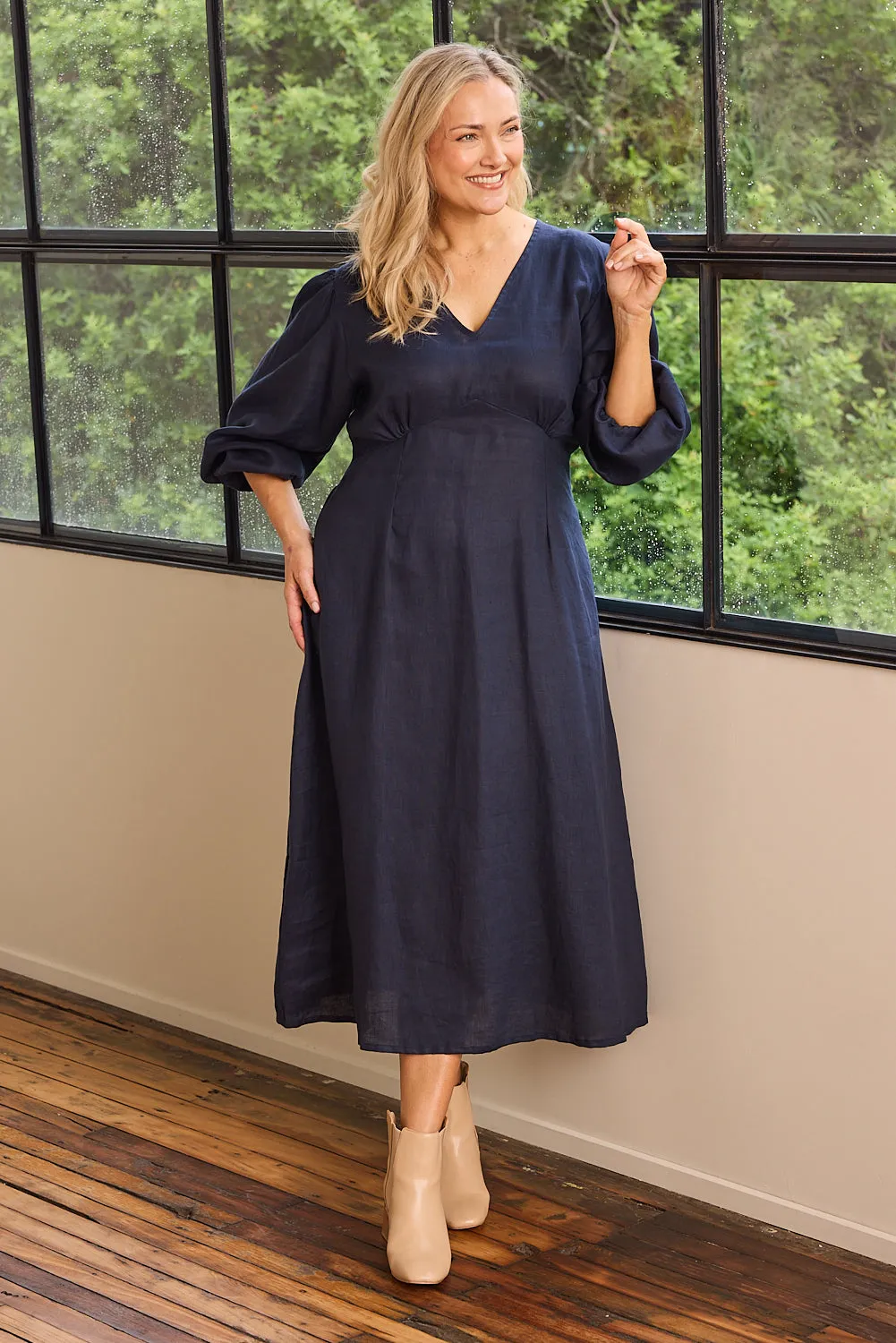 Smart Waist Design Farrah Long Sleeve Linen Dress in Navy
