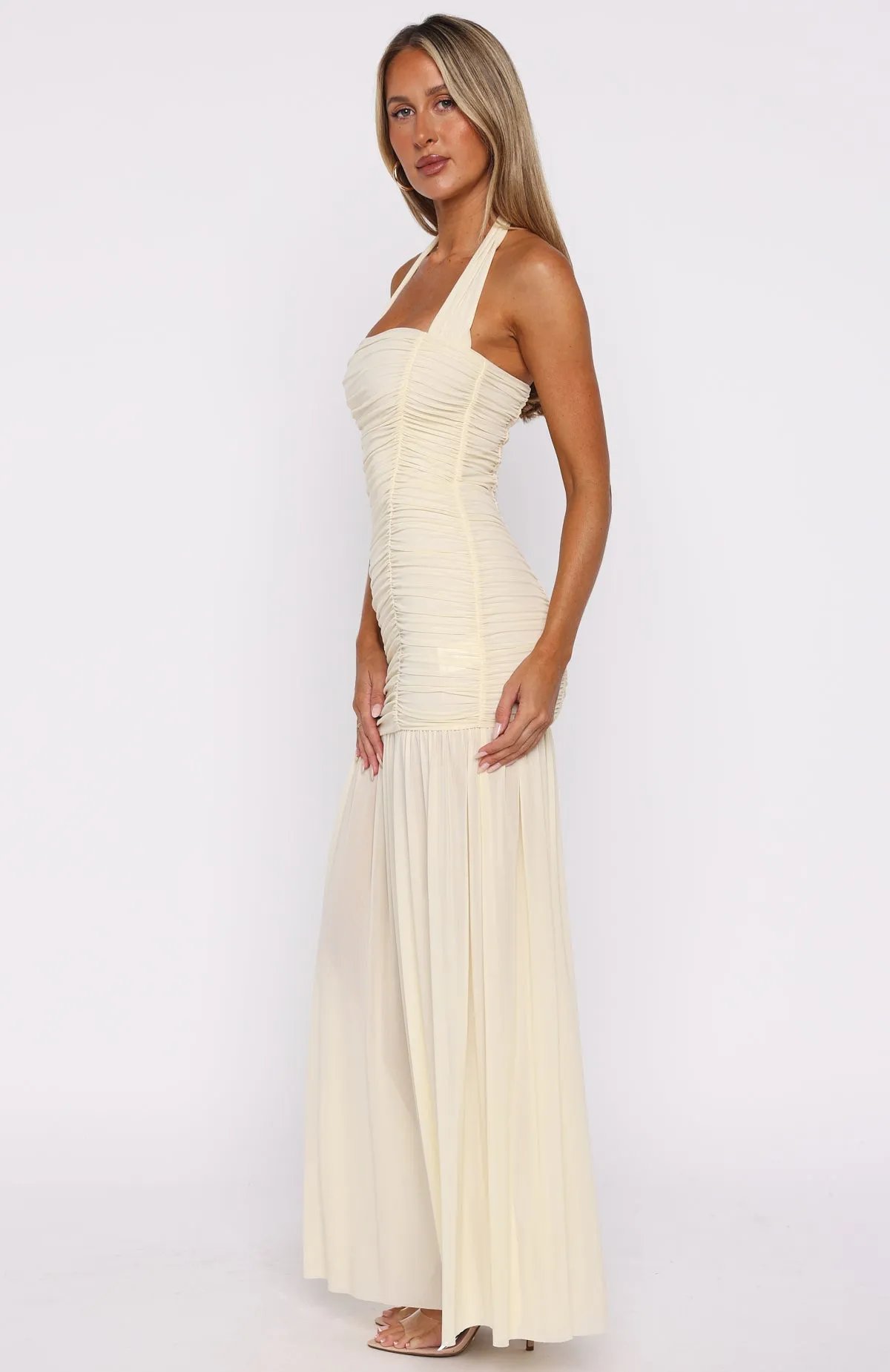 Curve-Enhancing Wrap Glow Unbothered Always Halter Maxi Dress Butter