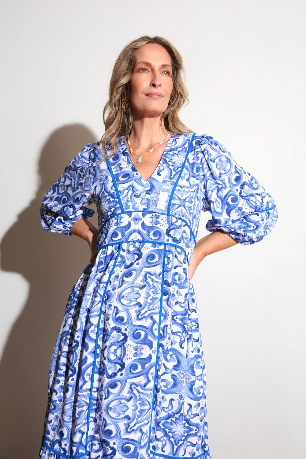 Lounge Style Brunch Outfit Aurora Panelled Dress in Blue Bijou