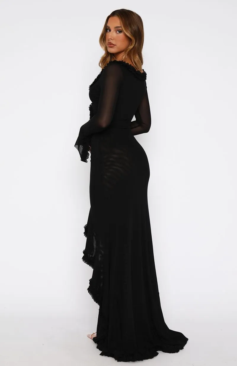 It Takes Time Long Sleeve Mesh Maxi Dress Black Resort Ready