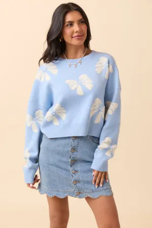 Faye Long Sleeve Blue Bow Print Sweater SALE AntiStaticMaterial