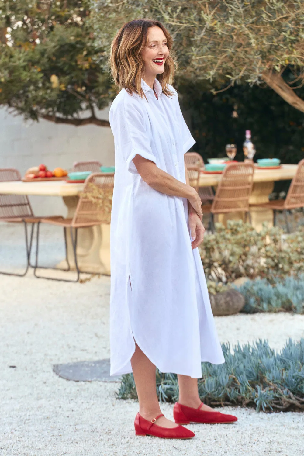 Bridget Linen Pleated Dress in White Light Finish