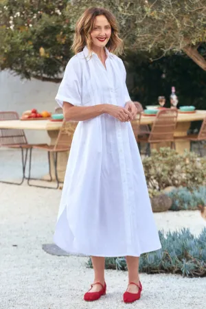 Adjustable-Straps Applique-Detail Bridget Linen Pleated Dress in White