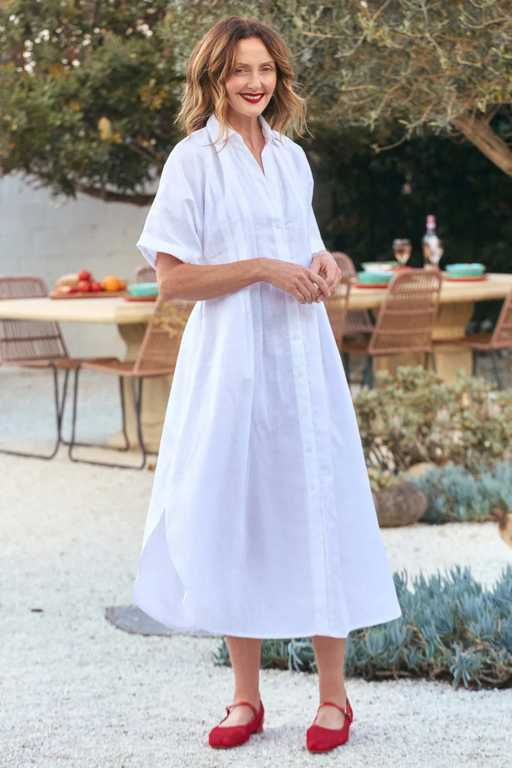 Adjustable-Straps Applique-Detail Bridget Linen Pleated Dress in White