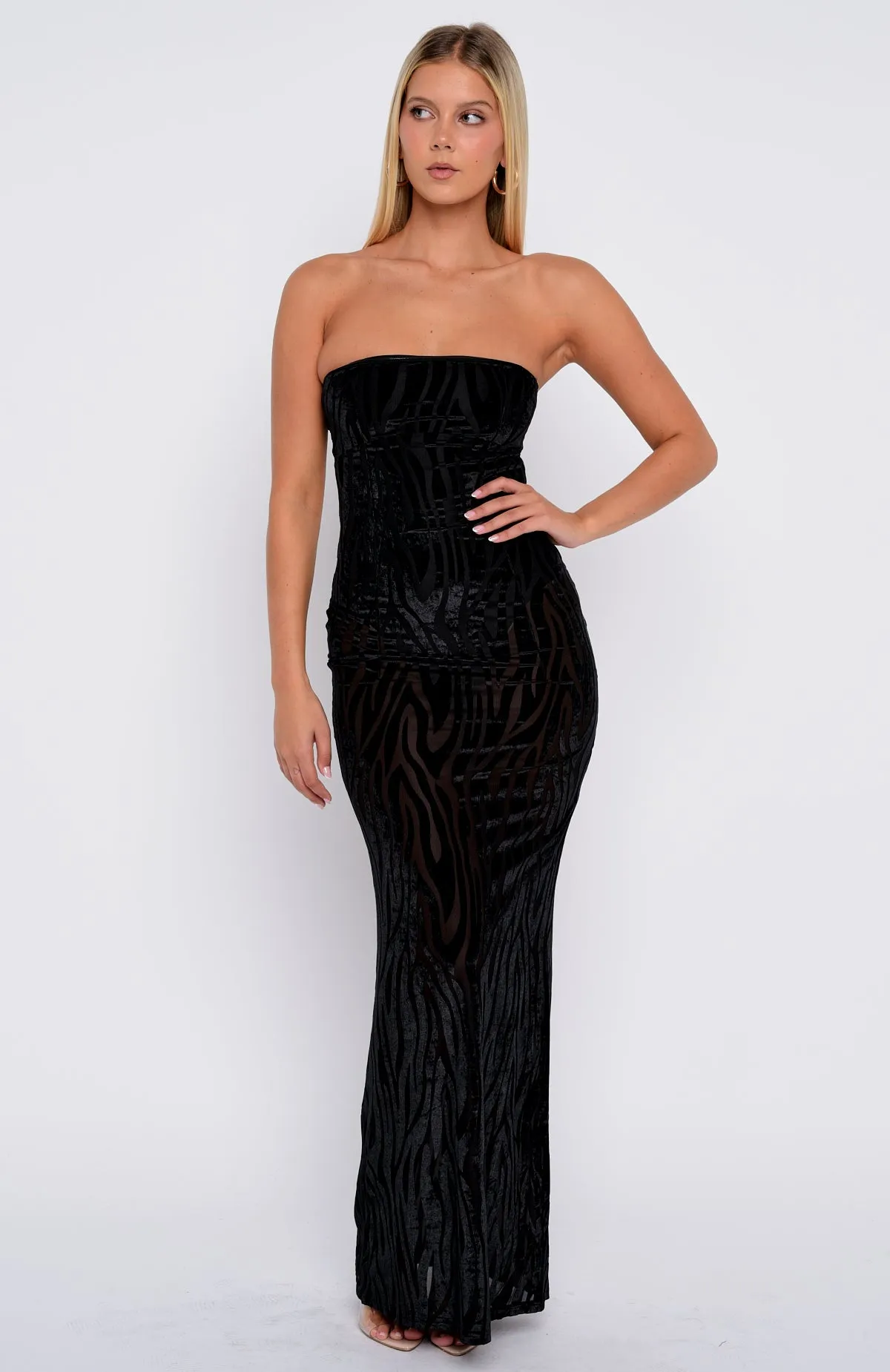 Running The Show Strapless Maxi Dress Black Floating Shape