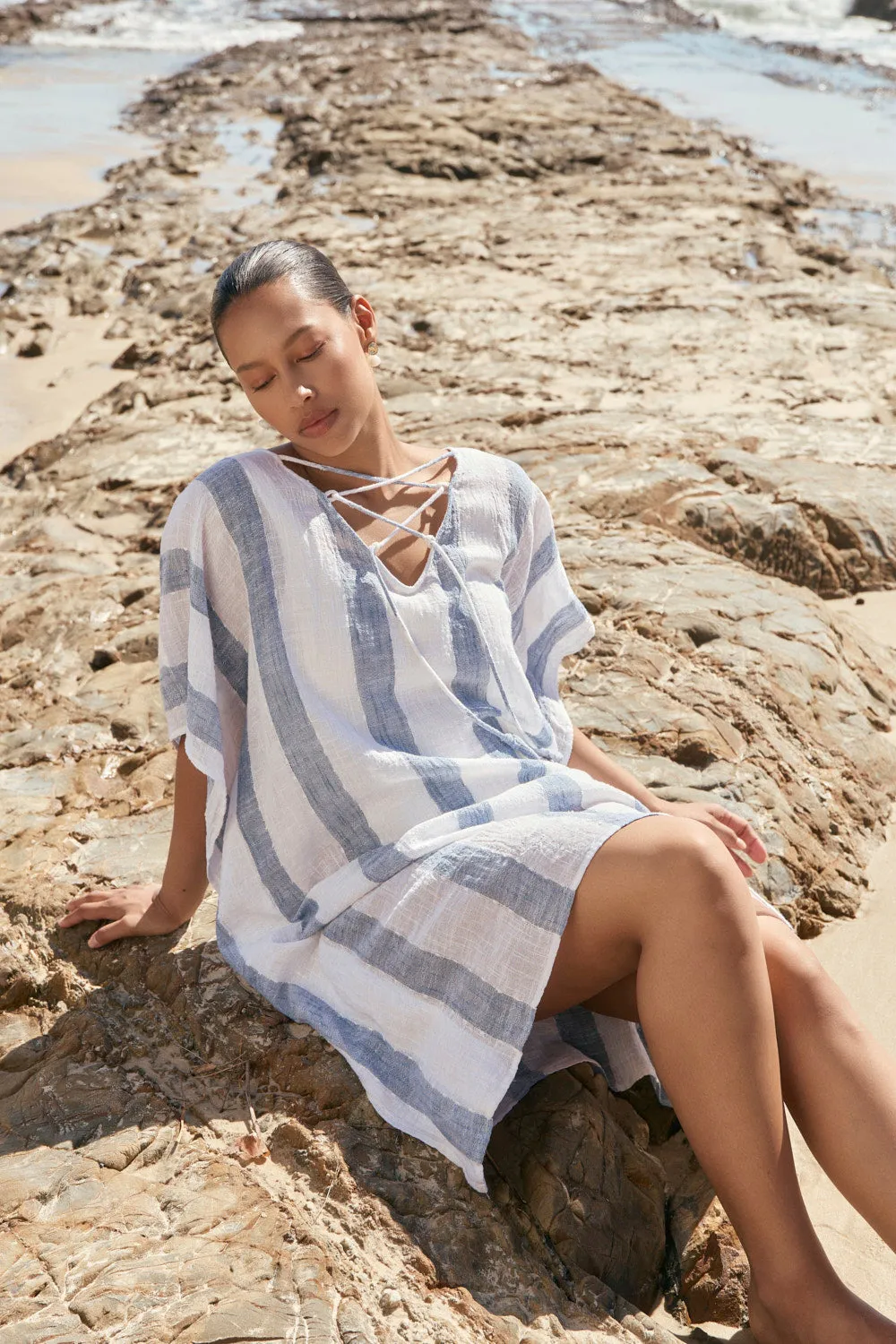 Liesl Short Kaftan in Blue Stripe CrinkleResistantWeave