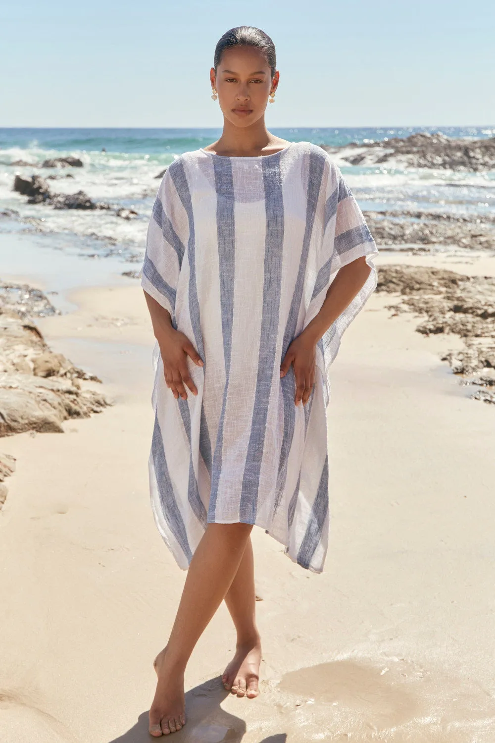 Organic-Fabric Walk Grace Liesl Short Kaftan in Blue Stripe