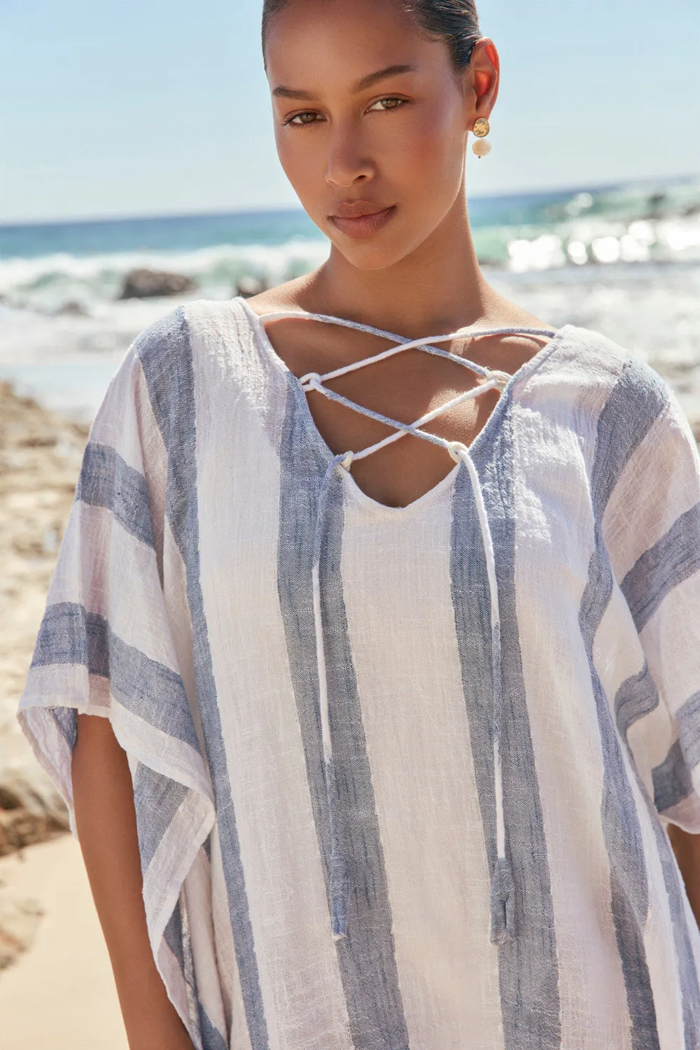 All-season garment Liesl Short Kaftan in Blue Stripe