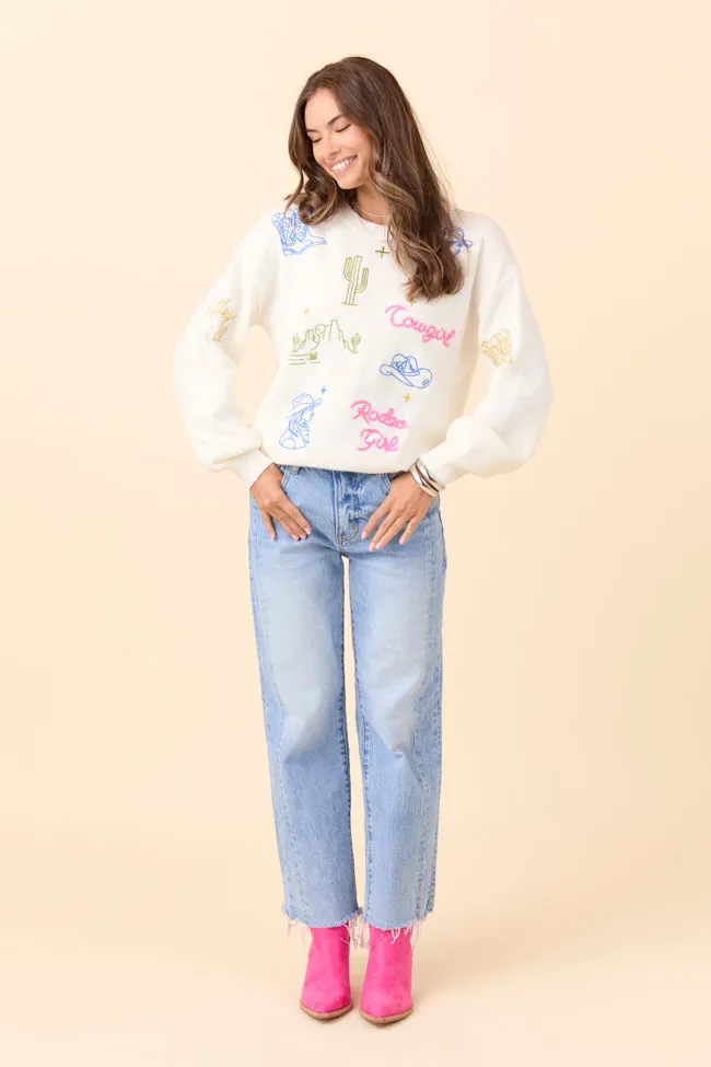 NonRestrictive Design SoftTouch The Pretty Cowgirl Cream Western Icon Crewneck Sweater Just Classically Cassidy X Pink Lily