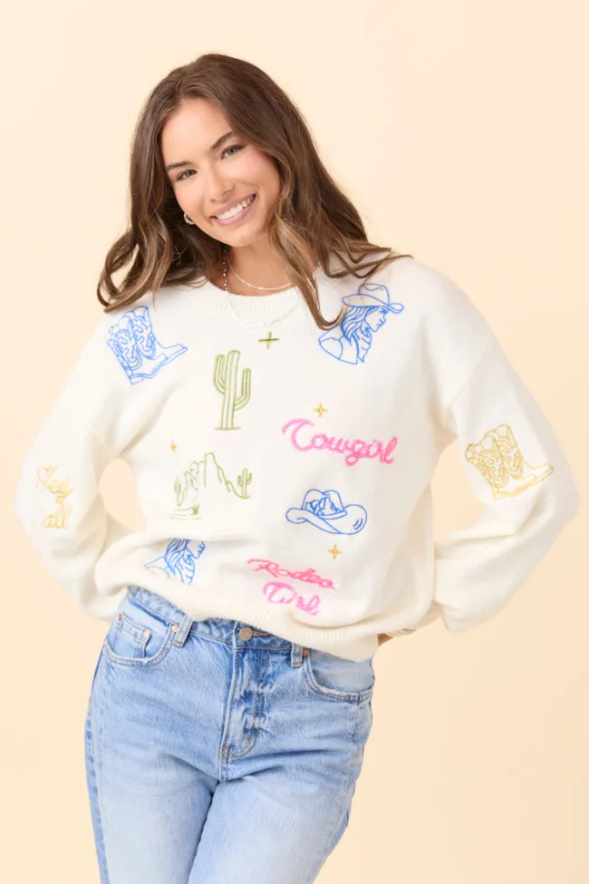 ReflectiveTrims HypoallergenicTextile The Pretty Cowgirl Cream Western Icon Crewneck Sweater Just Classically Cassidy X Pink Lily