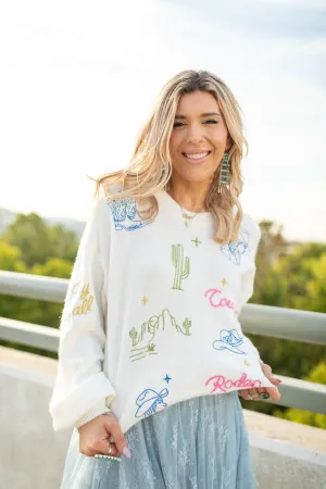 Recycled Polyester Beach Ease The Pretty Cowgirl Cream Western Icon Crewneck Sweater Just Classically Cassidy X Pink Lily