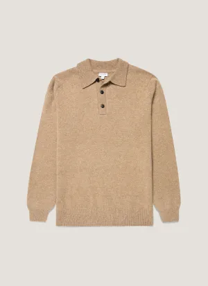Long Sleeve Men's Lambswool Polo Shirt in Sandstone